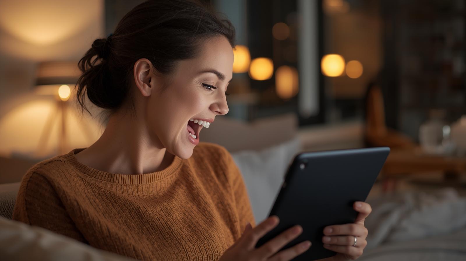 Make the following image by Meta ad Creative size_Side profile of a woman reading an e-book on a tablet, looking inspired and excited, modern home interior.