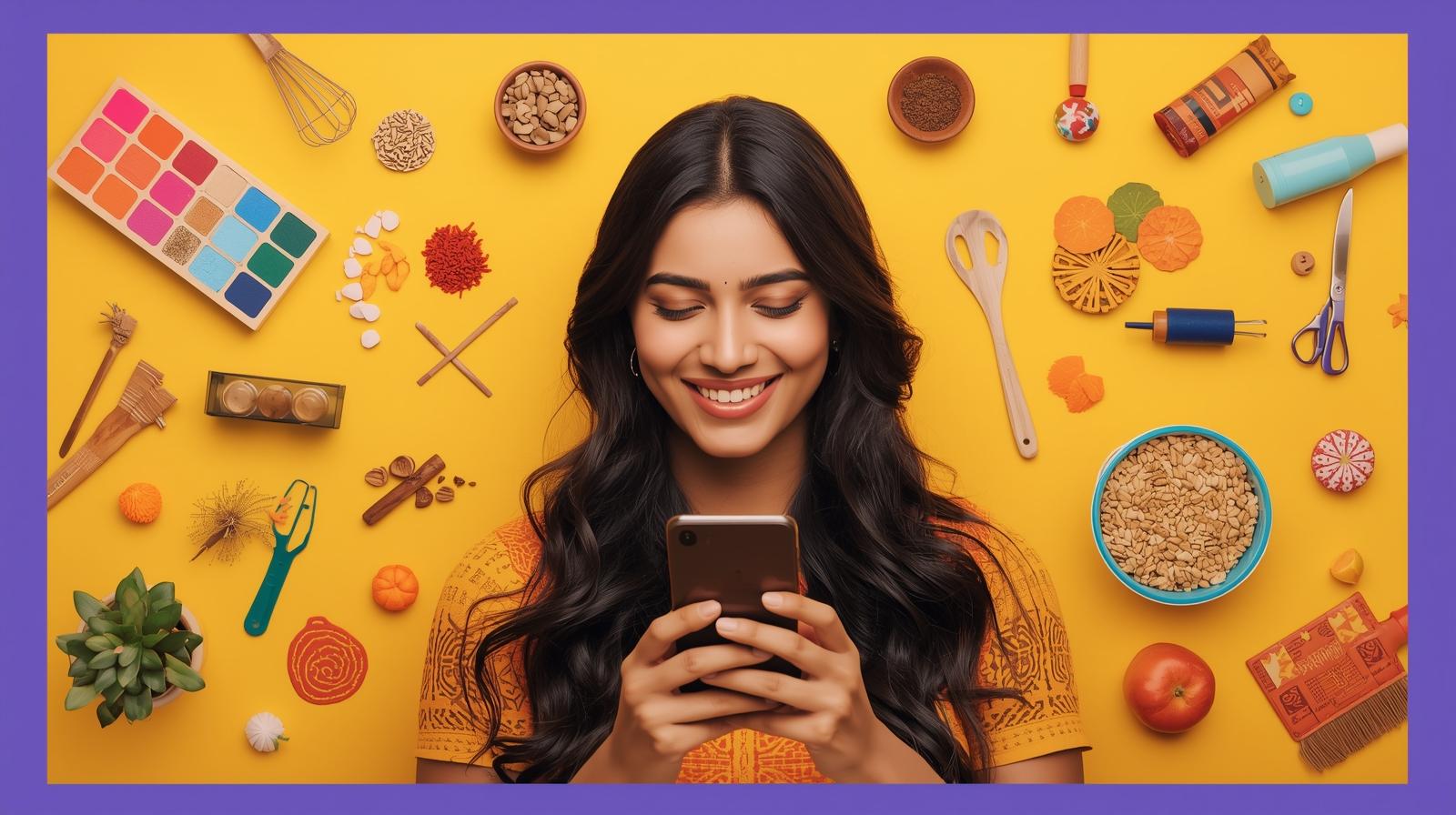 Make the following image by the size of Meta ad Creative_A woman surrounded by her favorite hobbies (crafts, cooking, yoga), looking at her smartphone with a joyful expression, bright and clean style.